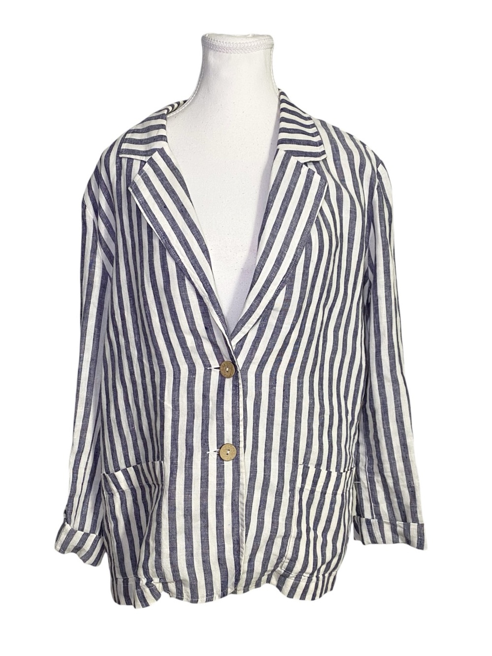 British Khaki 100% Linen Striped Blazer | Coastal Cottagecore | Size XL